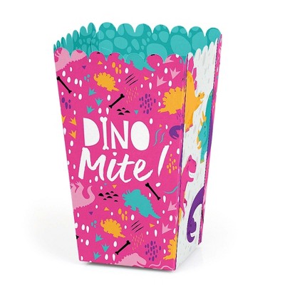 Big Dot of Happiness Roar Dinosaur Girl - Dino Mite T-Rex Baby Shower or Birthday Party Favor Popcorn Treat Boxes - Set of 12