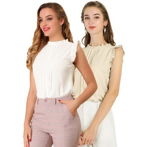 Allegra K Women's Ruffled Crew Neck Office Vintage Sleeveless Blouses 2 Pcs - 1 of 4