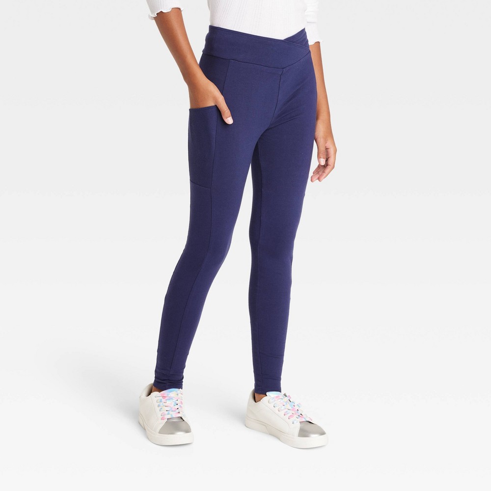Girls' V-Waist Pocket Leggings - art class Navy Blue S