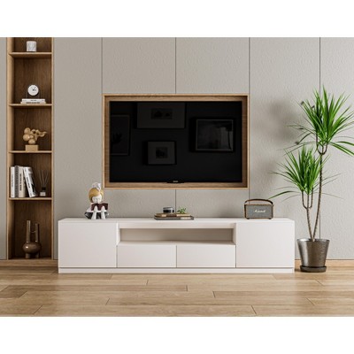 ATJafurn 78.7'' White Modern TV Stand for TVs up to 85'', Wood Media Console with 2 Storage Drawers