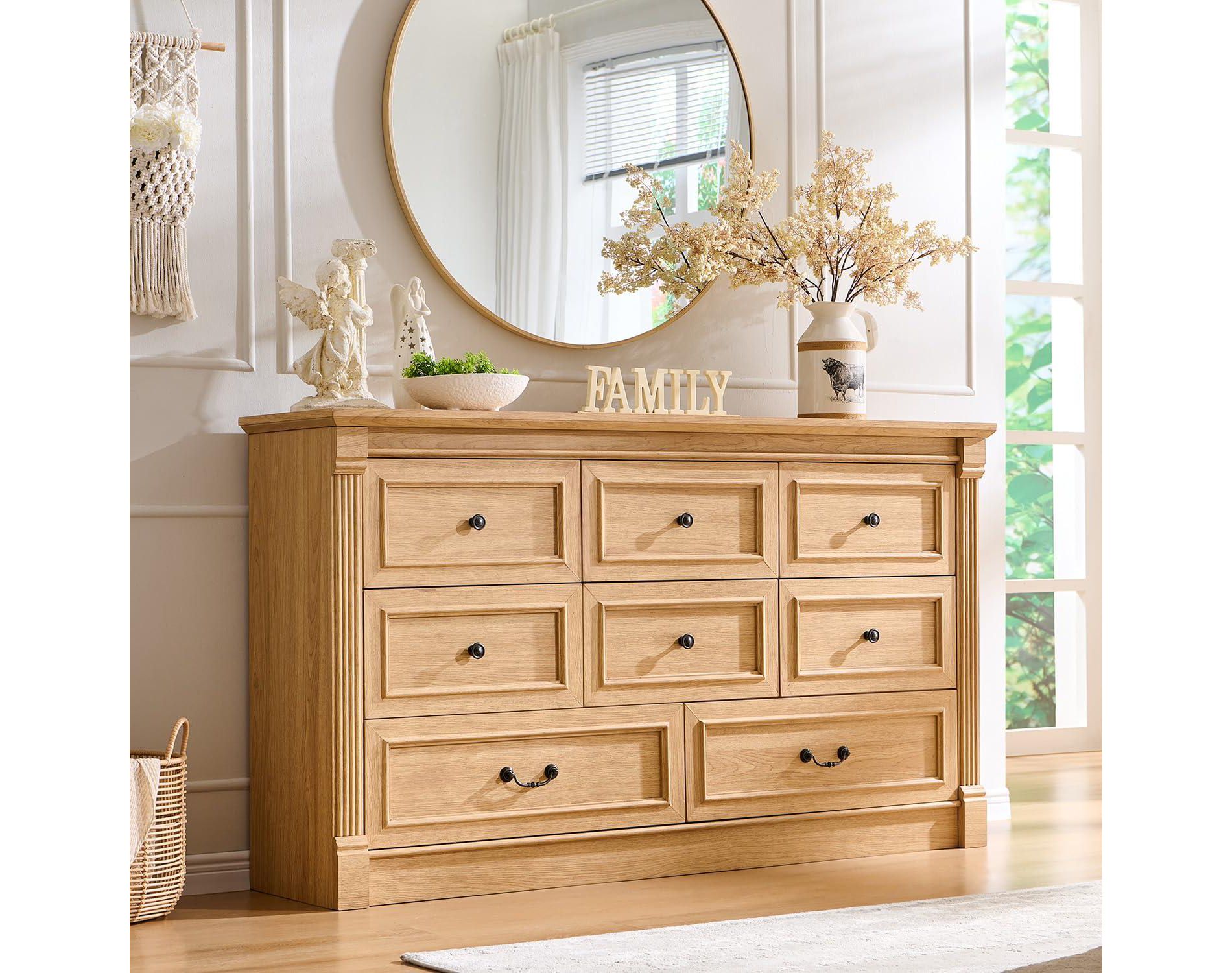 SinCiDo 8 Drawers Dresser for Bedroom, Farmhouse 61" Wide Tall Dressers w/Roman Column, Natrual
