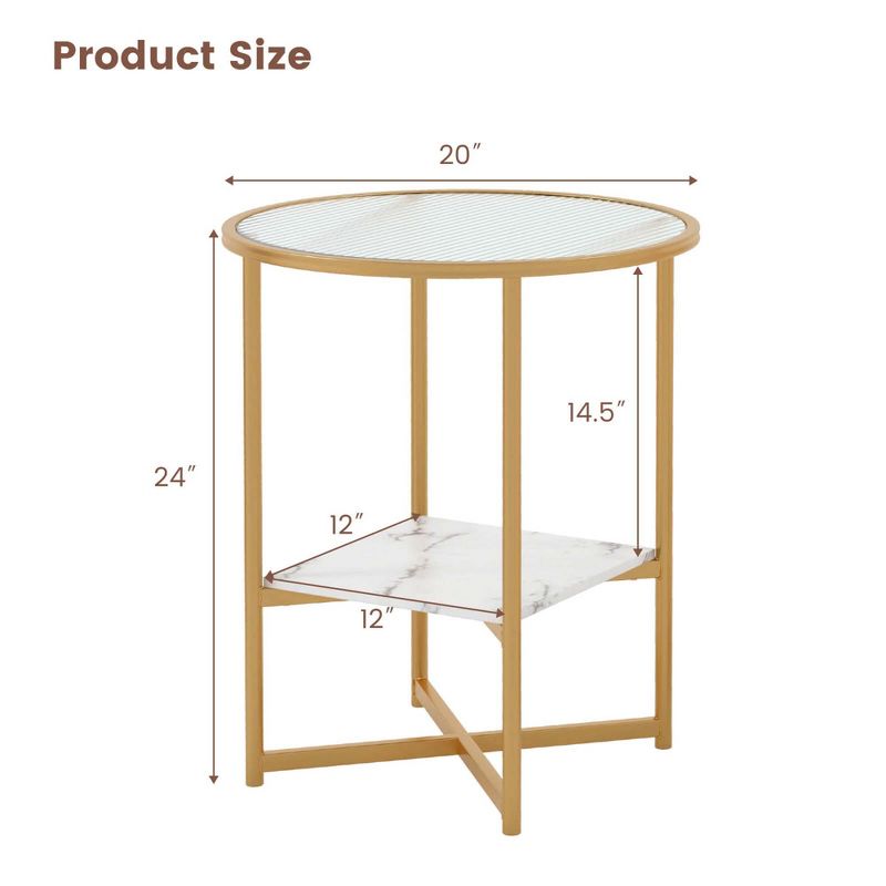 Costway 1/2PCS Glass End Table  2-Tier 20" Round Side Table with Faux Marble Storage Shelf, 3 of 11