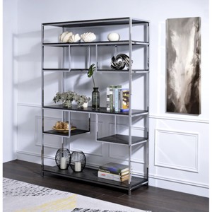 Open Bookshelf with Rustic Gray Wood and Chrome Metal Frame 72in Industrial Shelving for Home Office or Living Room-3irtyhousy - 1 of 4
