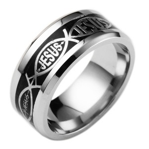 Jesus Fish Wedding Band for Men or Women 8mm Stainless Steel Ring by Ginger Lyne Collection - 1 of 4