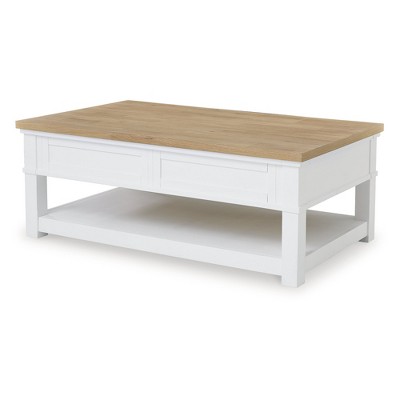 White and Natural Wood Rectangular Coffee Table with Storage