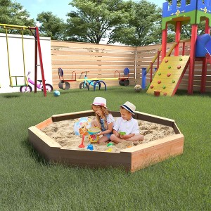 Large Wooden Cedar Sand Box, Wooden Octagon Kids Sandbox with Cover, Sandpit with 4 Benches and Bottom Liner Covered Sand Box for Kids Outdoor - 1 of 4