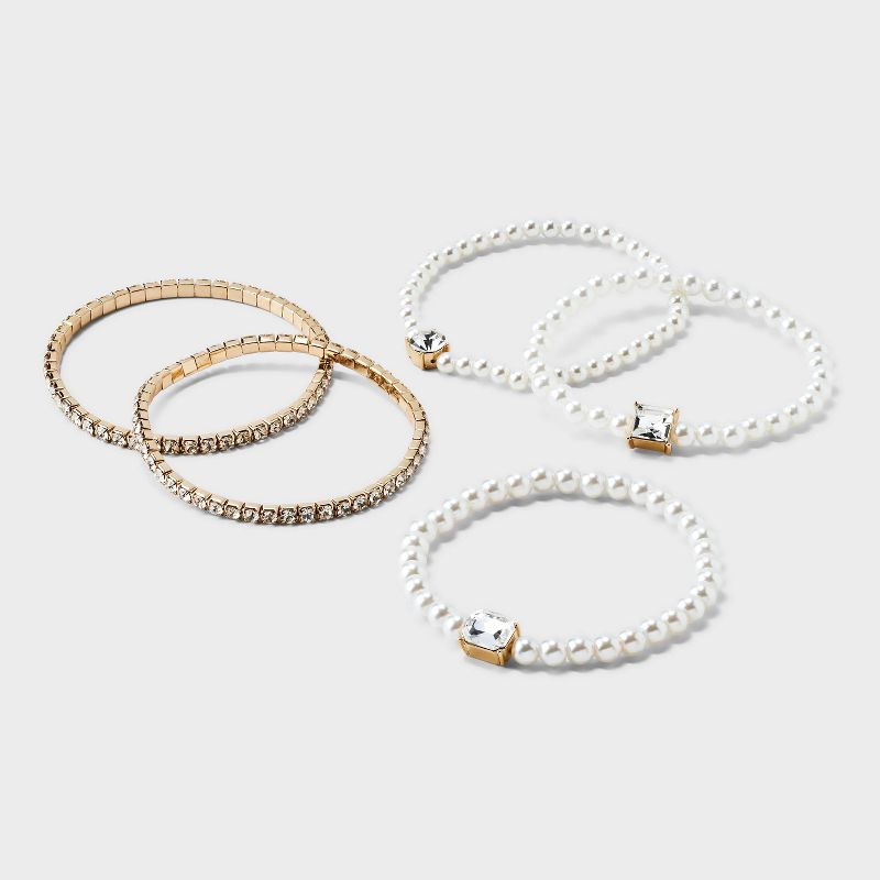 Pearl Cup Chain Plastic Multi-Strand Bracelet Set 5pc - A New Day&#8482; Gold/ Pearl, 1 of 6