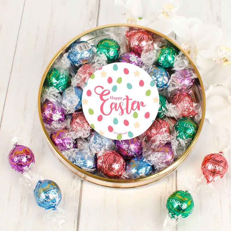 Easter Candy Gift Tin with Chocolate Lindor Truffles by Lindt Large Plastic Tin with Sticker - Eggs & Flowers - By Just Candy, 1 of 2
