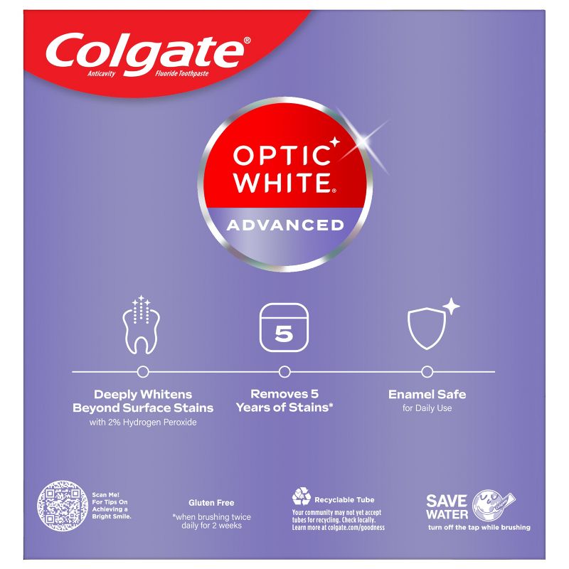 Colgate Optic White Advanced Whitening Toothpaste with Fluoride, 2% Hydrogen Peroxide - Sparkling White - 3.2oz, 3 of 14