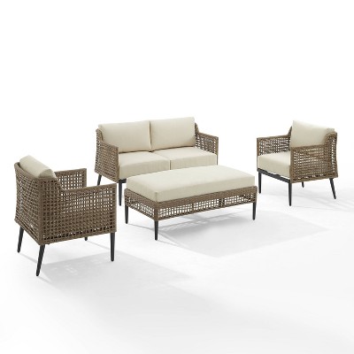 Southwick 4pc Outdoor Wicker Conversation Set with Loveseat, Coffee Table Ottoman & 2 Arm Chairs - Cream/Light Brown - Crosley