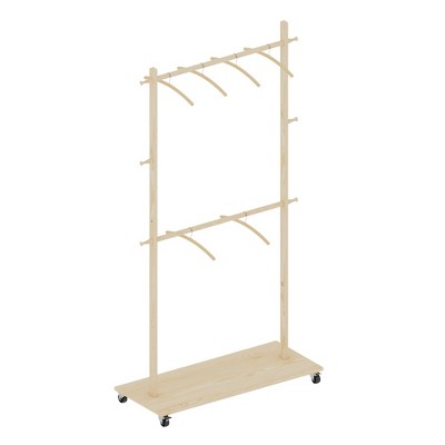 PDTEND Solid Wood Clothes Drying Rack with 6 Wooden Hangers, Adjustable Shelf & Wheels for Bedroom, Living Room, Entryway