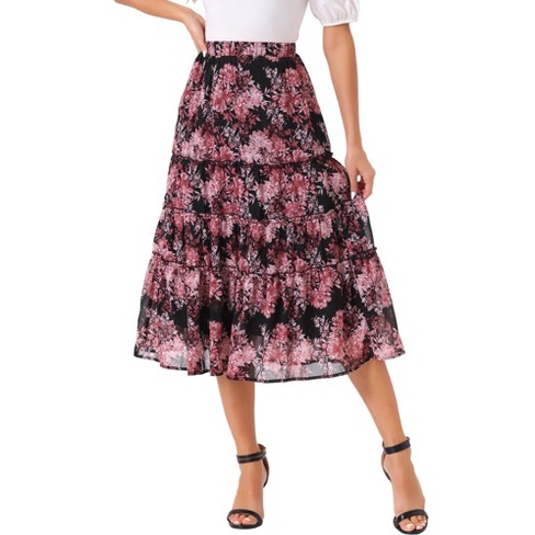 Allegra K Women s Floral Elastic Waist Tiered Ruffle Boho Midi Skirts Black Pinks X large Target