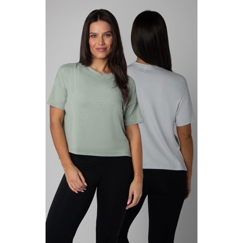 90 Degree By Reflex Deluxe High Low Boxy Cropped Short Sleeve Tee - 2 Pack  - Heather Iceberg Green/Heather Gray Dawn - X Large