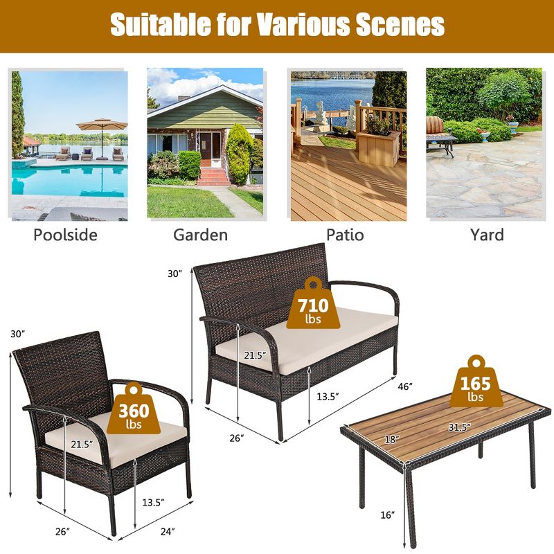Costway 4PCS Patio Rattan Furniture Set Outdoor Conversation Set Coffee Table w/Cushions, 3 of 12