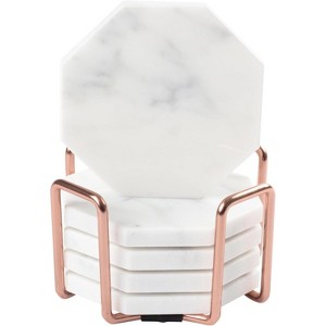 White Carrara Marble Coasters & Rose Gold Coaster Holder (Set of 5) Durable, Thick Coasters - Fits Any Drinkware - Great Mother's Day Gift - 1 of 4