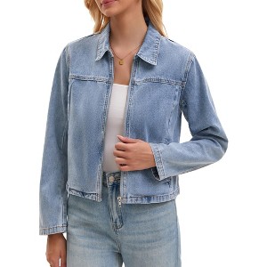 INSPIRE CHIC Women's Long Sleeve Turndown Collar Pockets Lightweight Denim Cropped Bomber Jackets - 1 of 4
