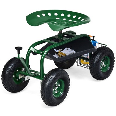 Costway Garden Cart Rolling Work Seat w/ Tool Tray Basket Green