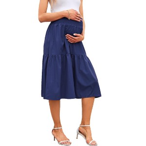 Women's High Waist Maternity Skirt Summer Floral Pleated Swing A Line Midi Skirts  Whit Pocket - 1 of 4