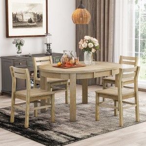 5 Piece Farmhouse Extendable Round Dining Table Set with Storage Drawers 16 Removable Leaf and 4 Dining Chairs Natural ModernLuxe