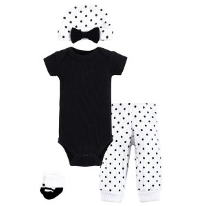 Hudson Baby Girls Thermal Preemie Layette Set 4pc Short Sleeve Outfit, Black White Dots, Preemie - 1 of 4