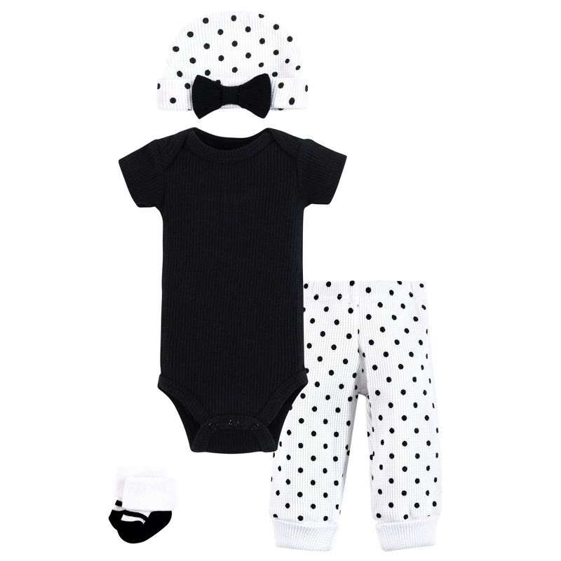 Hudson Baby Girls Thermal Preemie Layette Set 4pc Short Sleeve Outfit, Black White Dots, Preemie