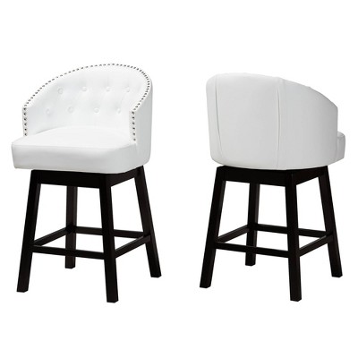 White Faux Leather and Espresso Wood Swivel Counter Stools, Set of 2