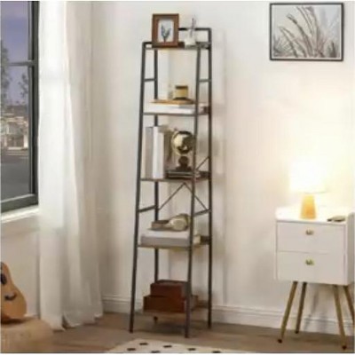 MaseiKar 5-Tier Ladder Shelf, Narrow Bookshelf, Skinny Bookshelf for Small Spaces, Corner Storage Shelf for Home Office, Brown and Black