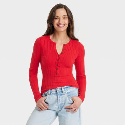 Women s Henley Pullover Sweater Universal Thread Red M Target