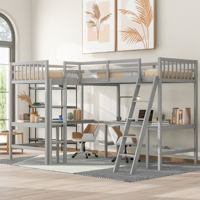 Wood Twin Size L-shaped Loft Bed With Ladder And 2 Built-in L-shaped ...