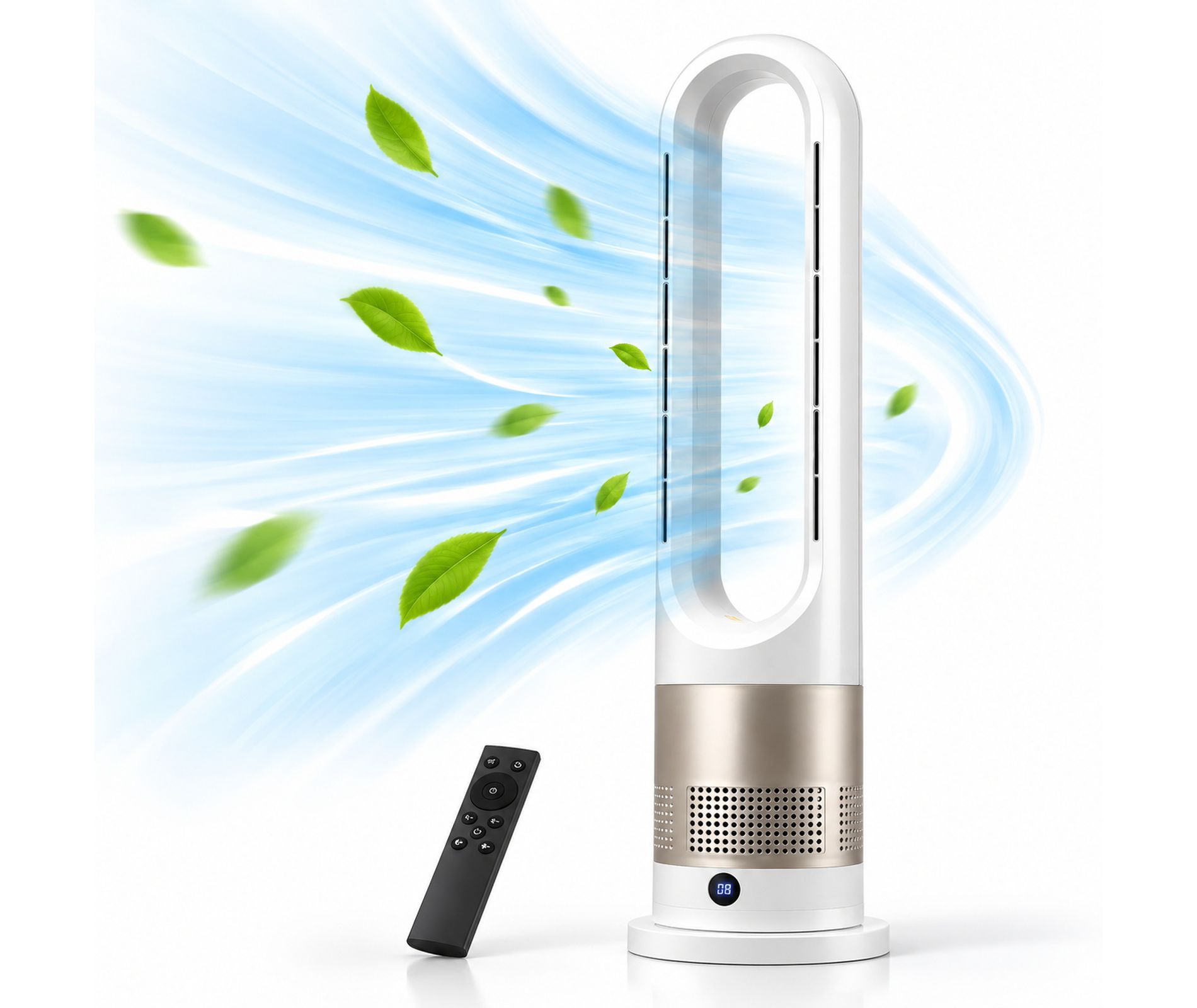 26 Inch Bladeless Tower Fan and Heater Combo for Bedroom, Oscillating Floor Fan with Remote Control