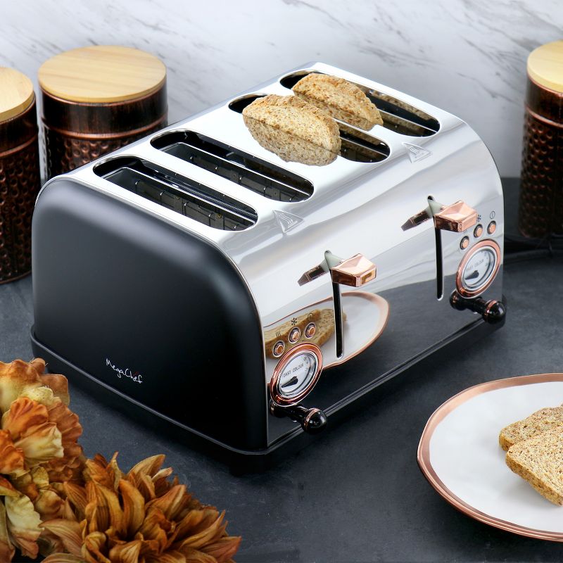 MegaChef 4 Slice Wide Slot Toaster with Variable Browning in Black and Rose Gold, 2 of 8
