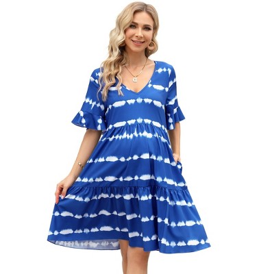 Maternity Dress Womens Casual Babydoll Dress Ruffle Short Sleeve V Neck Floral Printed Flowy Mini Short Tunic Dress