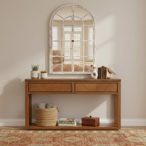 Spassway Entryway Console Table with Window-Pane Mirror Set 2 Drawers Storage Table With Open Shelf Decorative Rustic Mirror for Hallway Living Room - 1 of 4