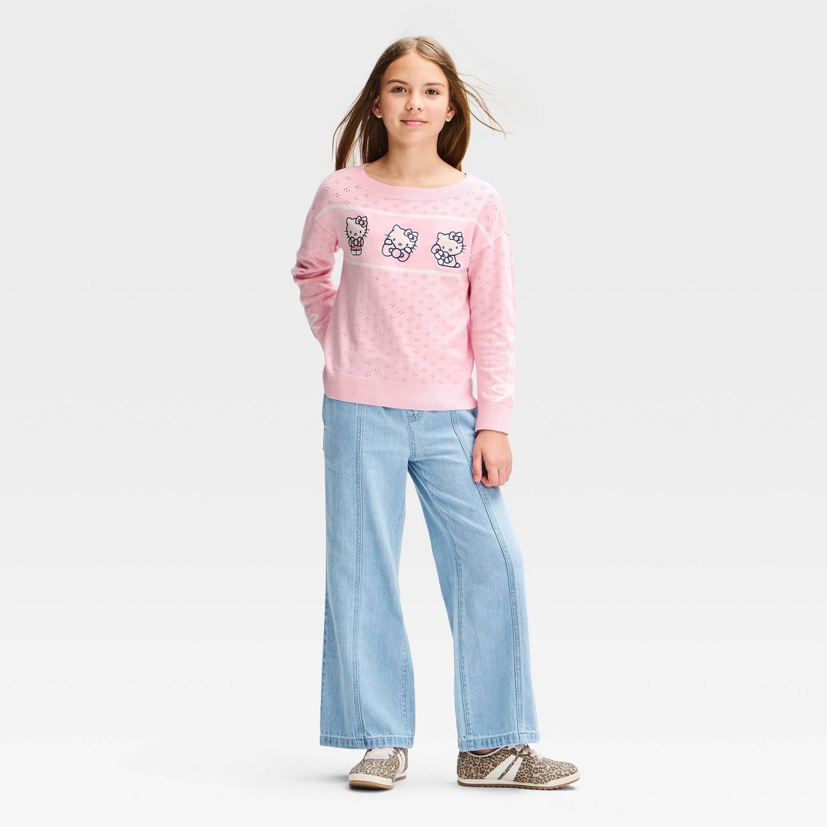 Girls' Hello Kitty Bows Pointelle Knit Sweater - Light Pink - thumbnail 4