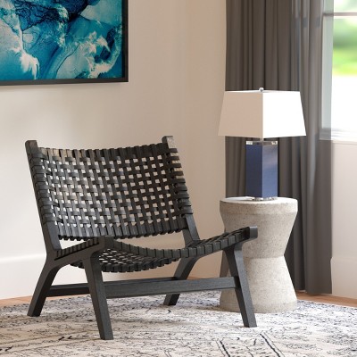 Luna Black Leather Woven Accent Chair with Sungkai Wood Frame