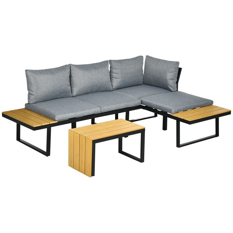 Outsunny 3 Piece Patio Furniture Set, Outdoor Sofa Set with Chaise Lounge & Loveseat, Soft Cushions, Woodgrain Plastic Table, L-Shaped Sectional, Gray, 1 of 8