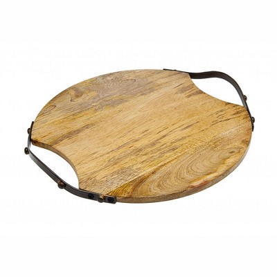 HomeRoots 13" Natural Brown Round Wood and Metal Tray
