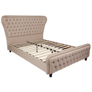 Transitional Cinched Tufted Upholstered Platform Bed with Accent Nail Trim Queen Beige - Riverstone Furniture Collection