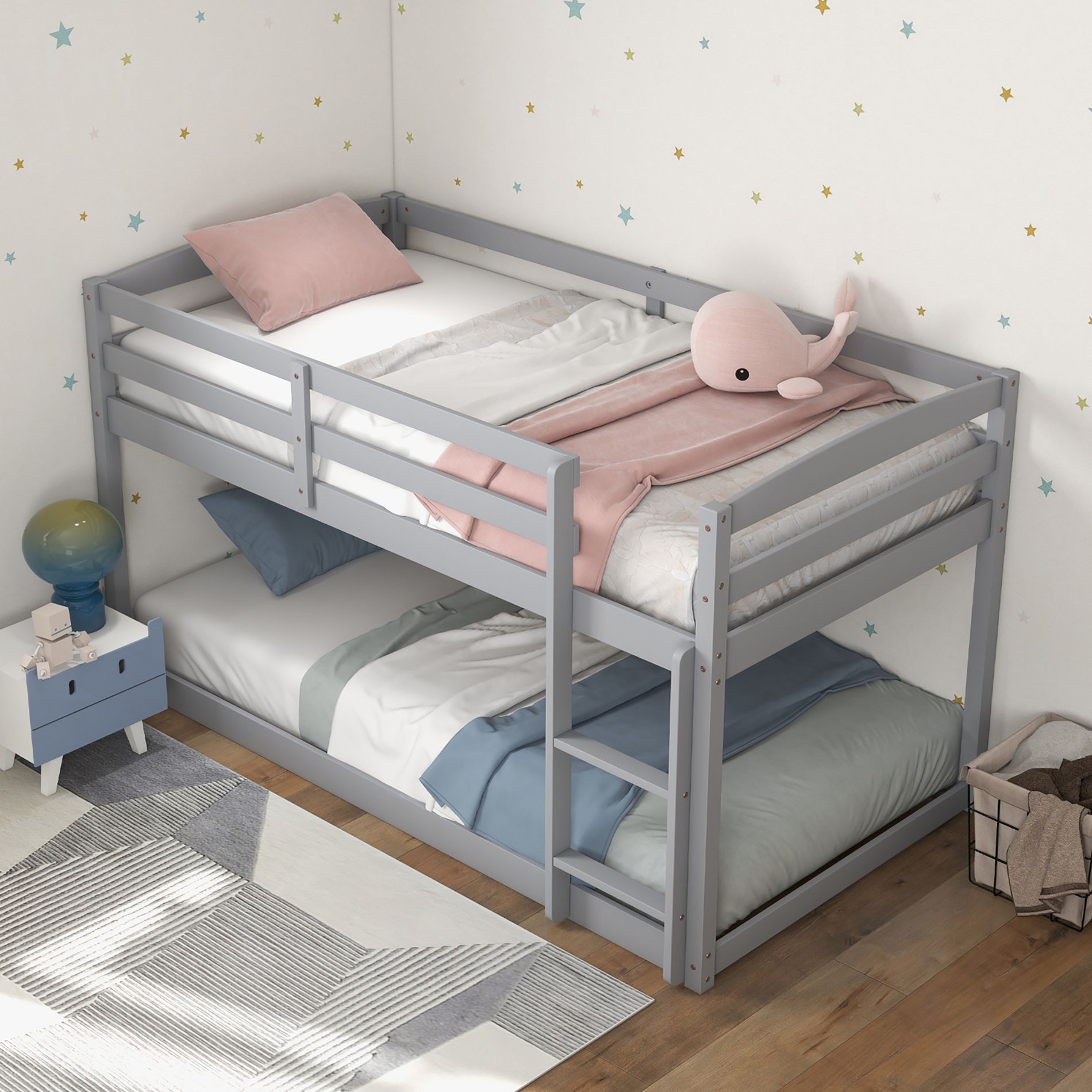 Costway Twin over Twin Low Bunk Bed with Guardrails Integrated Ladder Kids Wooden Grey
