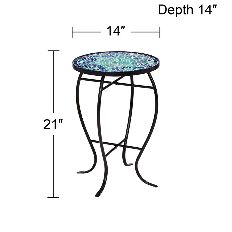 Teal Island Designs Black Round Outdoor Accent Side Tables 14" Wide Set of 2 Blue Wave Mosaic Tabletop Front Porch Patio Home House, 4 of 8