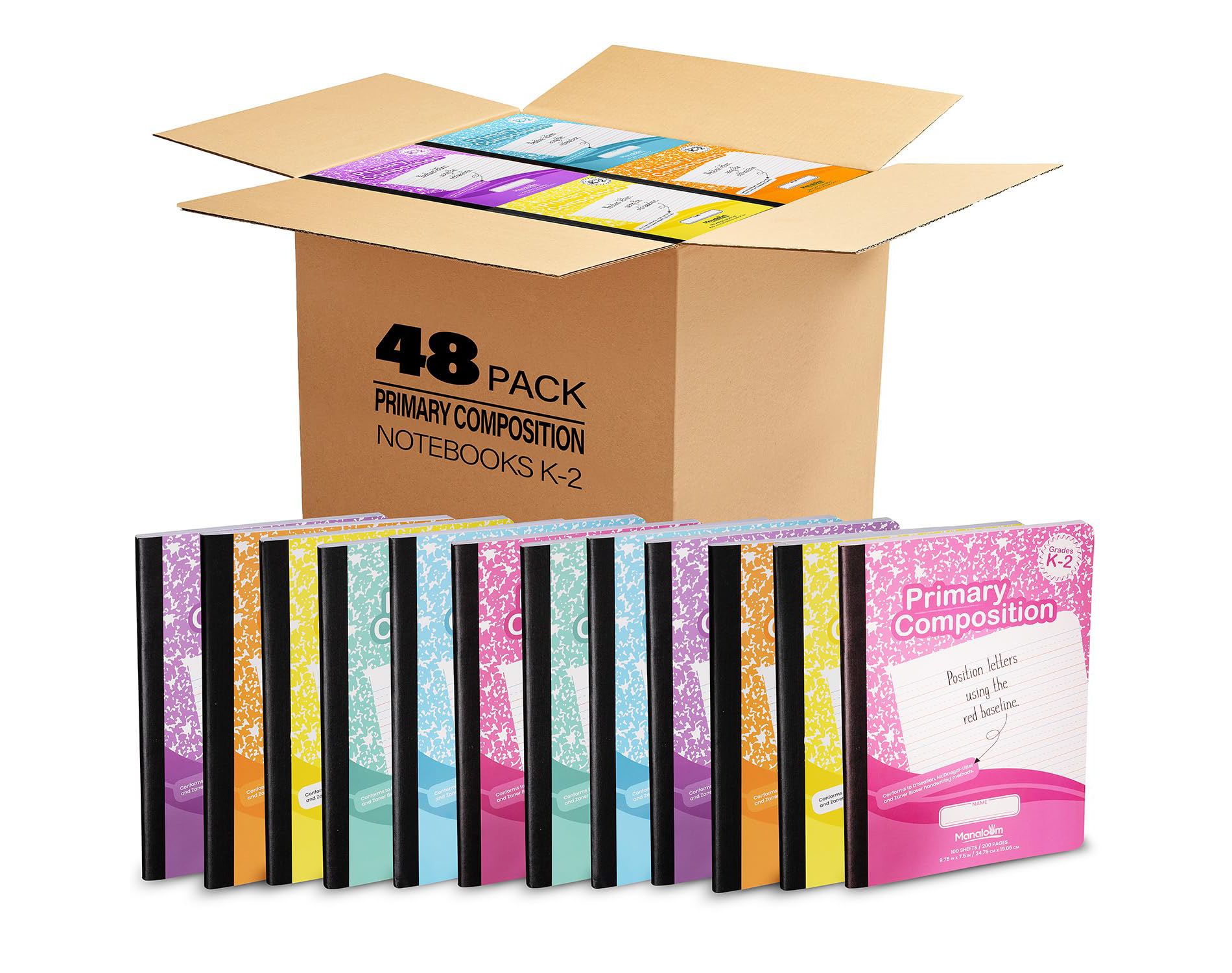 Manaloom Primary Composition Notebook Grades K-2, 100 Sheets - 9.75" x 7.5", Assorted Colors - 48 Pack