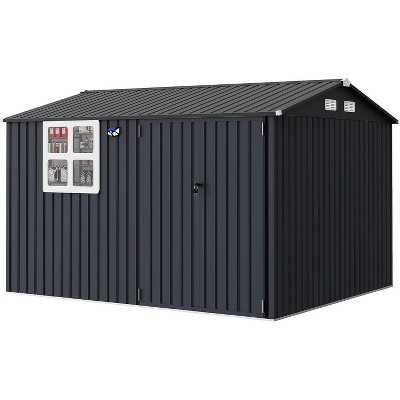 10x8FT Outdoor Metal Storage Shed with Sloped Roof, Lockable Doors, Solar Light & Windows