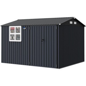 10x8FT Outdoor Metal Storage Shed with Sloped Roof, Lockable Doors, Solar Light & Windows - 1 of 4