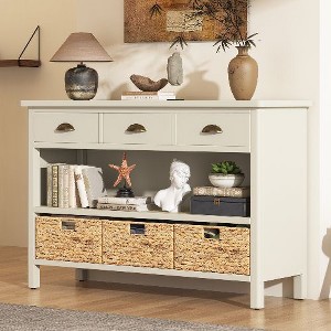 PAGED Vintage Console Table with 3 Drawers, Open Shelves & Water Hyacinth Woven Baskets, Entryway Sofa Table, Entryway Table Buffet Cabinet - 1 of 4