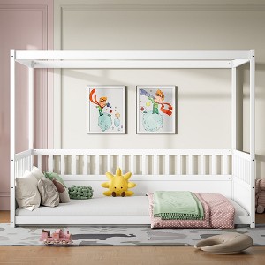 CAVINAS Full Size Wood Montessori Bed,Modern Canopy Floor Bed Frame with Side Four Poster Design,Toddler Bed for Bedroom - 1 of 4