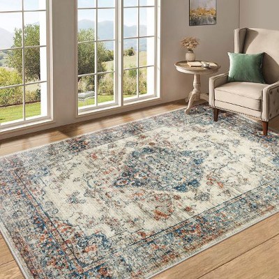Kumasinova Vintage Boho Area Rug, Washable Rug with Floral Pattern, Faux Cashmere Living Room Rug, Non-Slip Rugs, Stain-Resistant Door Mat