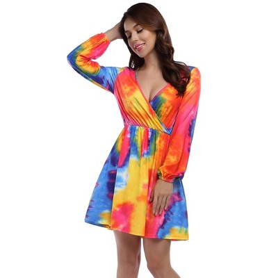 WhizMax Women Dresses Floral Deep V Neck Empire Waist Skater Dress Long Sleeve Printed Casual Swing Dresses