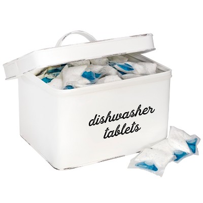 AuldHome Design White Enamelware Dishwasher Pod Holder, Tablet Container; Kitchen Storage Tin w/ Lid