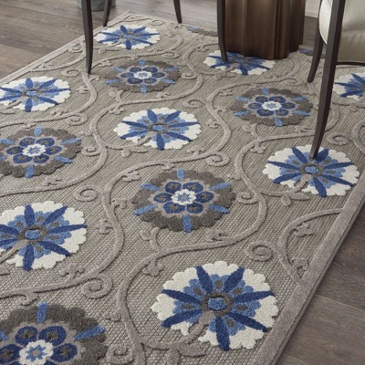 Blue and Grey Floral Synthetic 6' x 9' Reversible Rug