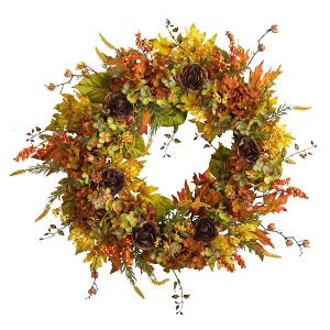 Nearly Natural 32” Fall Hydrangea, Ranunculus and Maple Leaf Autumn Artificial Wreath - 1 of 4